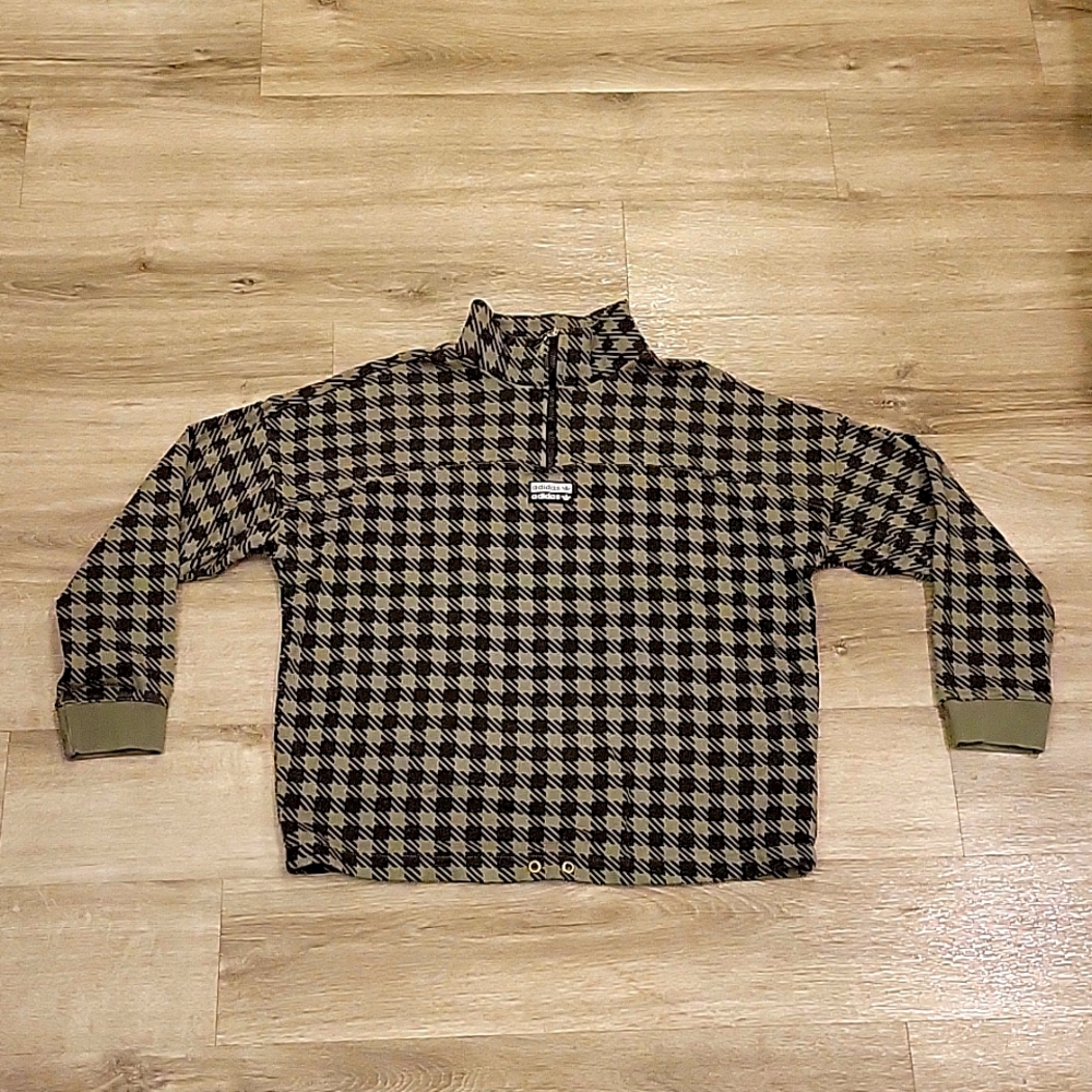 Addias Sweater Womens XS Green Black Houndstooth Plaid Quarter Zip Pullover